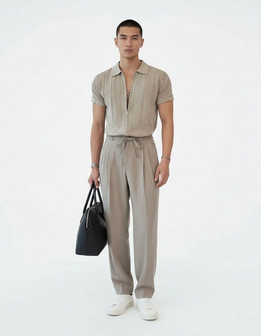 Zippered Knitted Vertical Striped Loose Fit Men's Polo Shirt