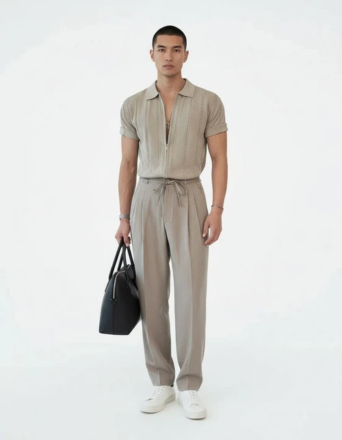 Zippered Knitted Vertical Striped Loose Fit Men's Polo Shirt