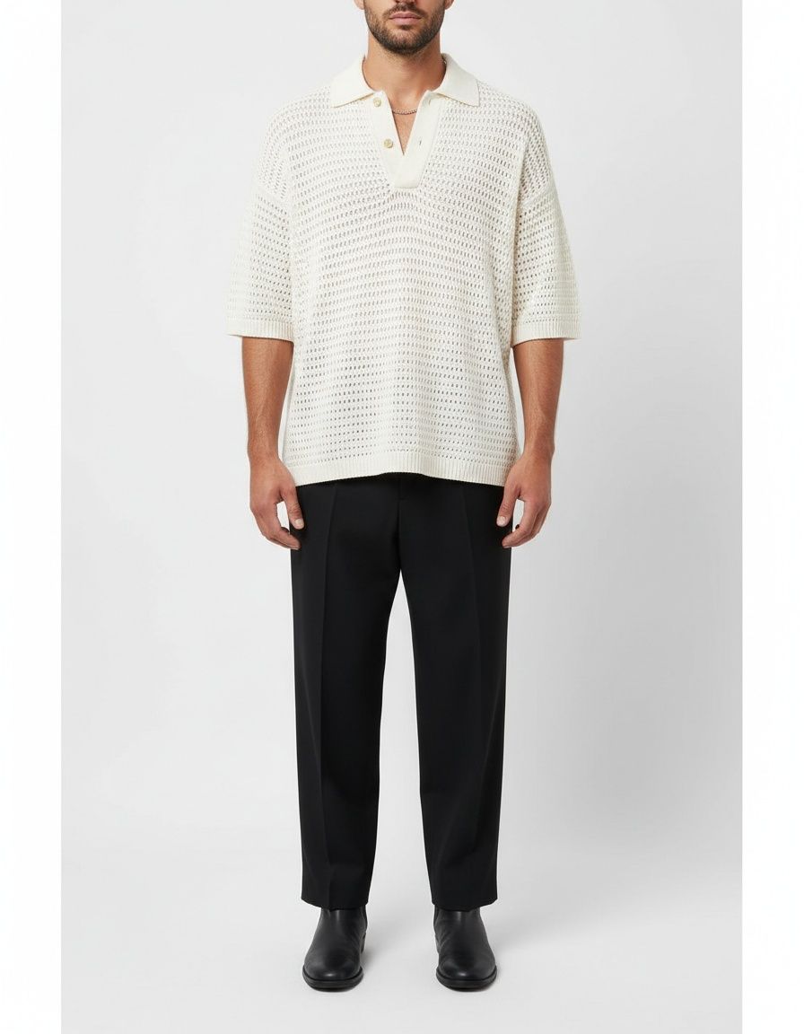 Hollow-Out Knitted V-Neck Shirt with Breathable Slim Fit for Men's Casual Summer Wear