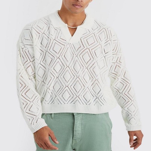 Loose Fit Openwork Knit Pullover Sweater for Men's Casual Winter Wear