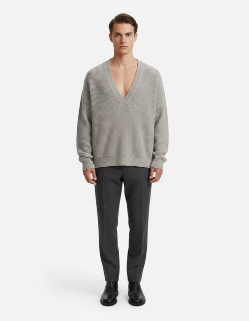 V-Neck Long-Sleeved Knit Sweater for Men's Breathable Casual Winter Wear