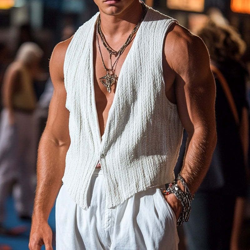 Camiseta sin mangas con cuello en V y botones, corte holgado e informal para hombre