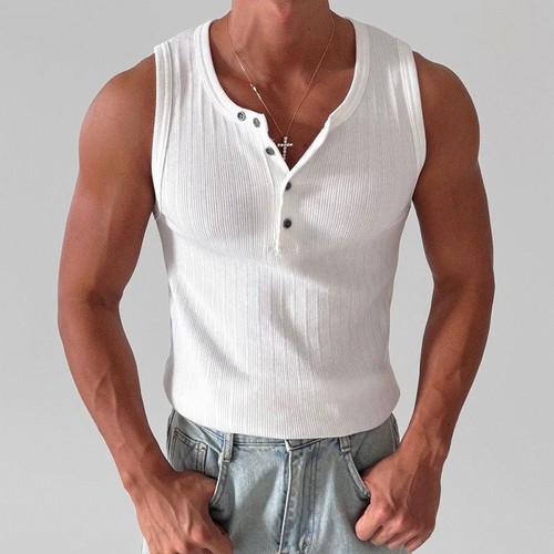 Henley Collar Sleeveless Fitness Vest for Men's Casual Summer Wear