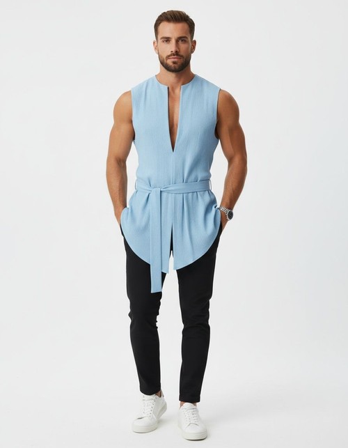 V-Neck Sleeveless Tie-Up Vest with Breathable Summer Fit for Men's Casual Wear