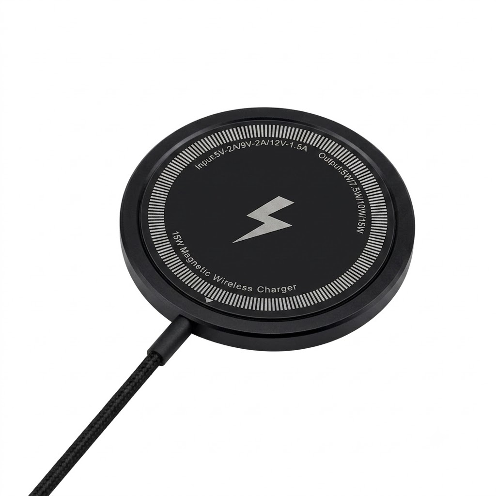 15W Magnetic Wireless Charger Pad for iPhone & Android, Ultra-Slim 5.5mm Fast Charging Station, White/Black
