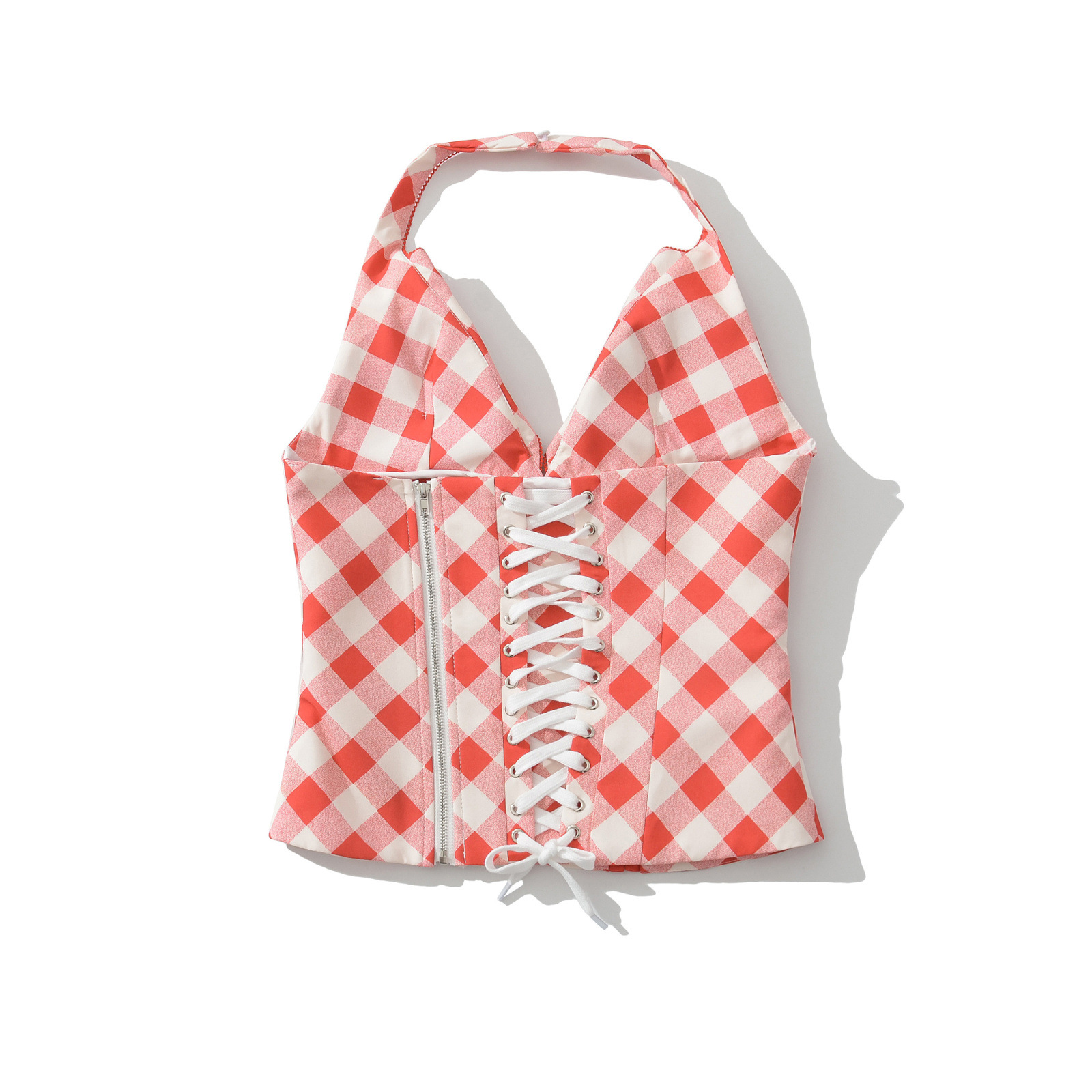 Red Plaid Halter Backless Crop Top KUN-00089