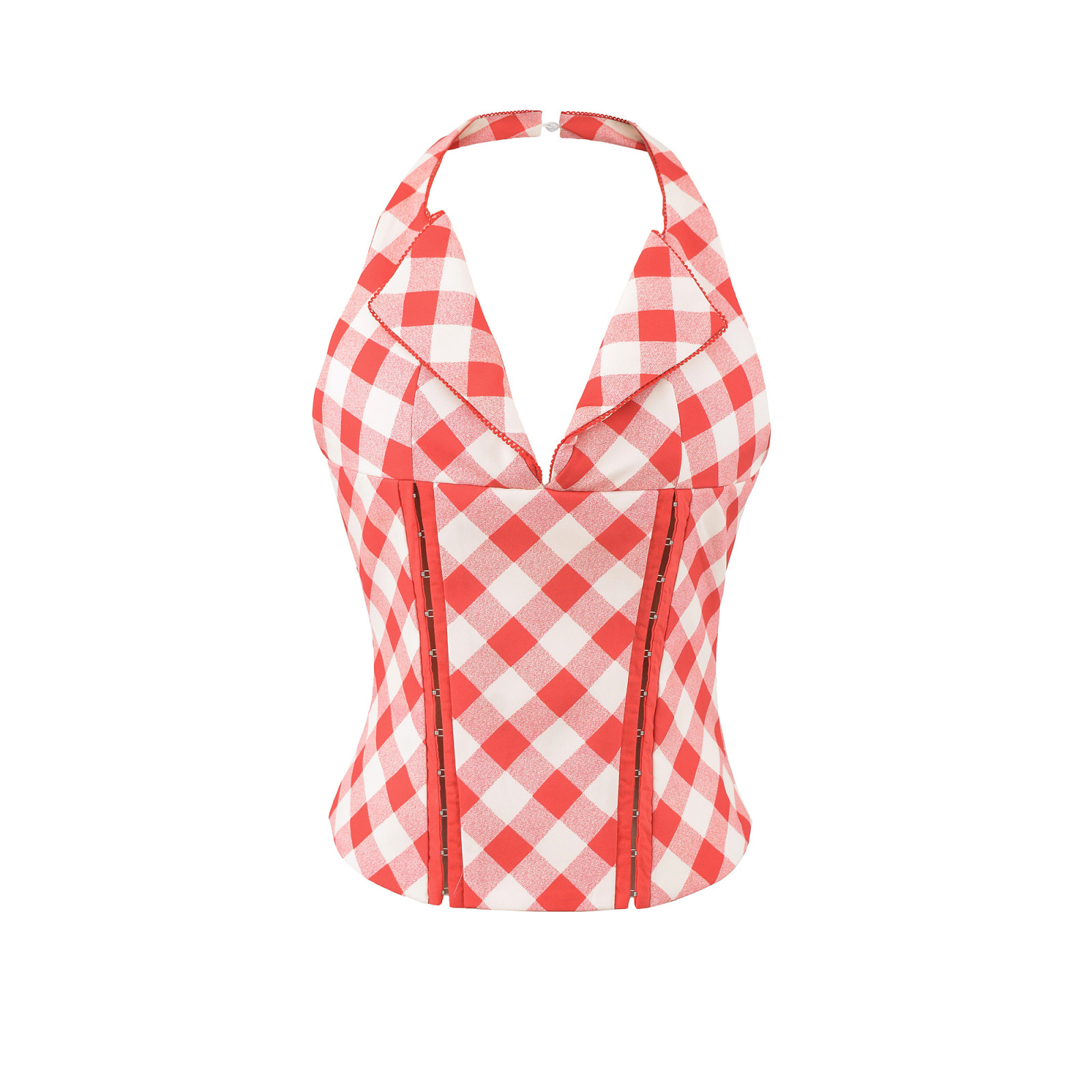 Red Plaid Halter Backless Crop Top KUN-00089