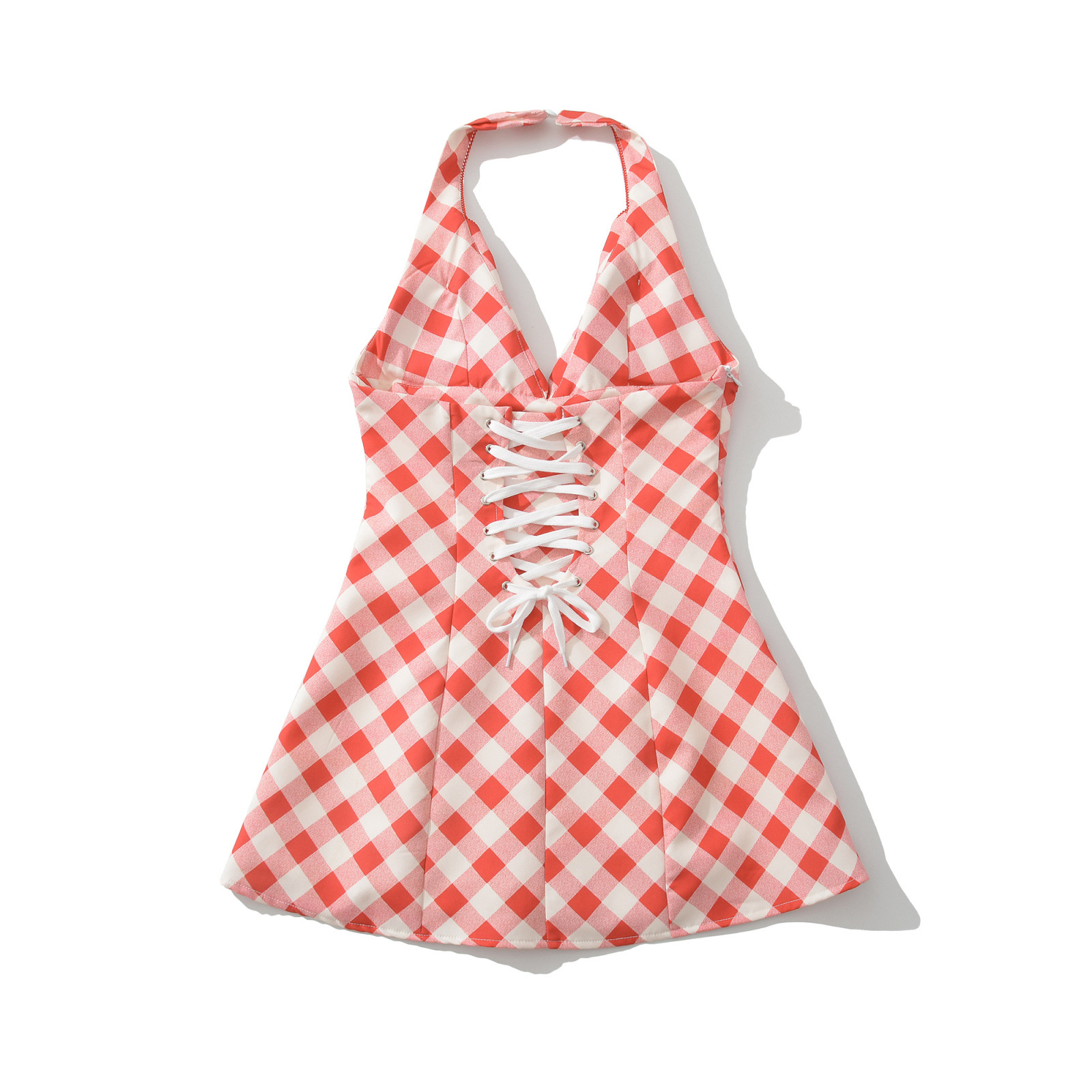 Red Plaid Halter A-Line Mini Dress Backless KUN-00116