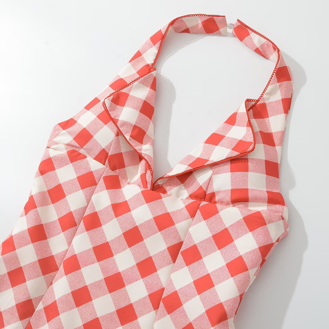 Red Plaid Halter A-Line Mini Dress Backless KUN-00116