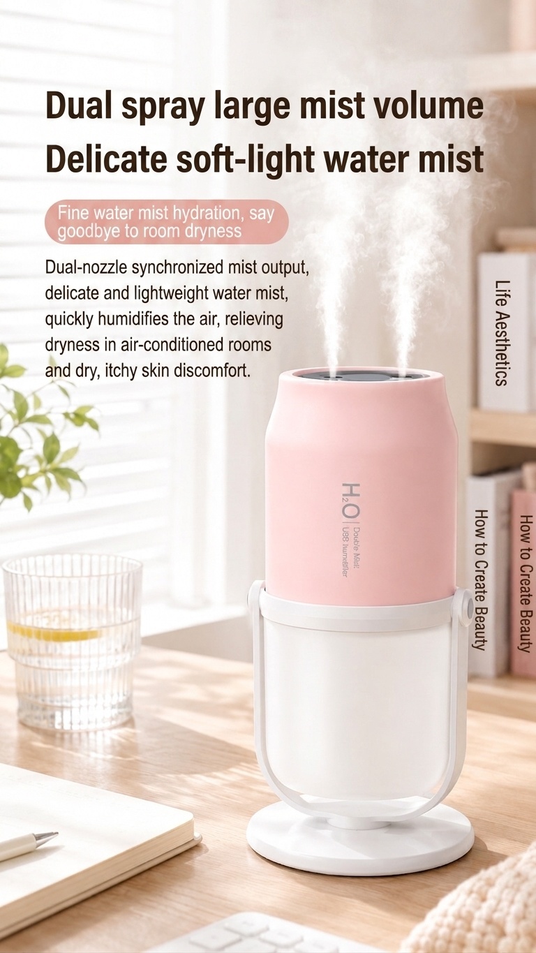 Portable Dual-Mist Wireless Humidifier with 1800mAh Battery & 280ml Tank, White