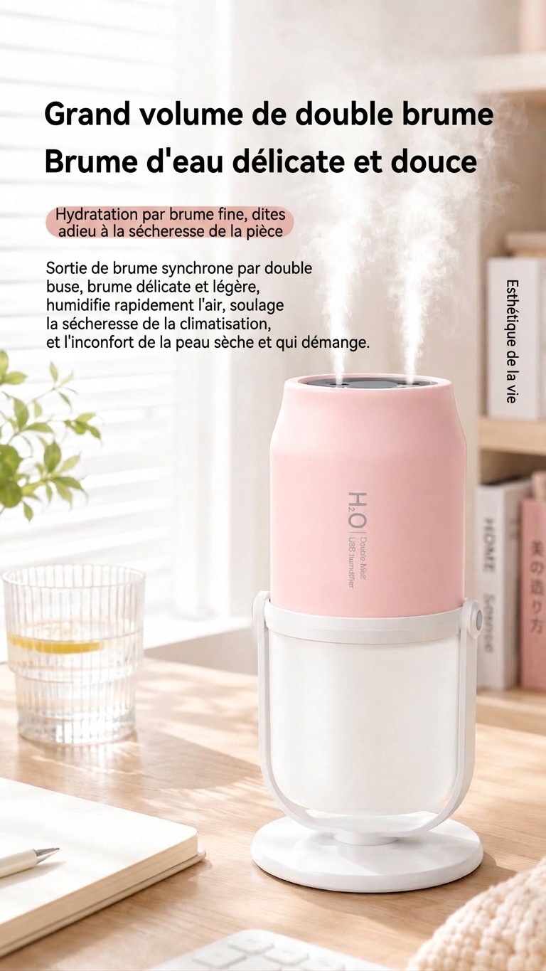 Humidificateur portable sans fil à double brumisation avec batterie de 1800 mAh et réservoir de 280 ml, blanc