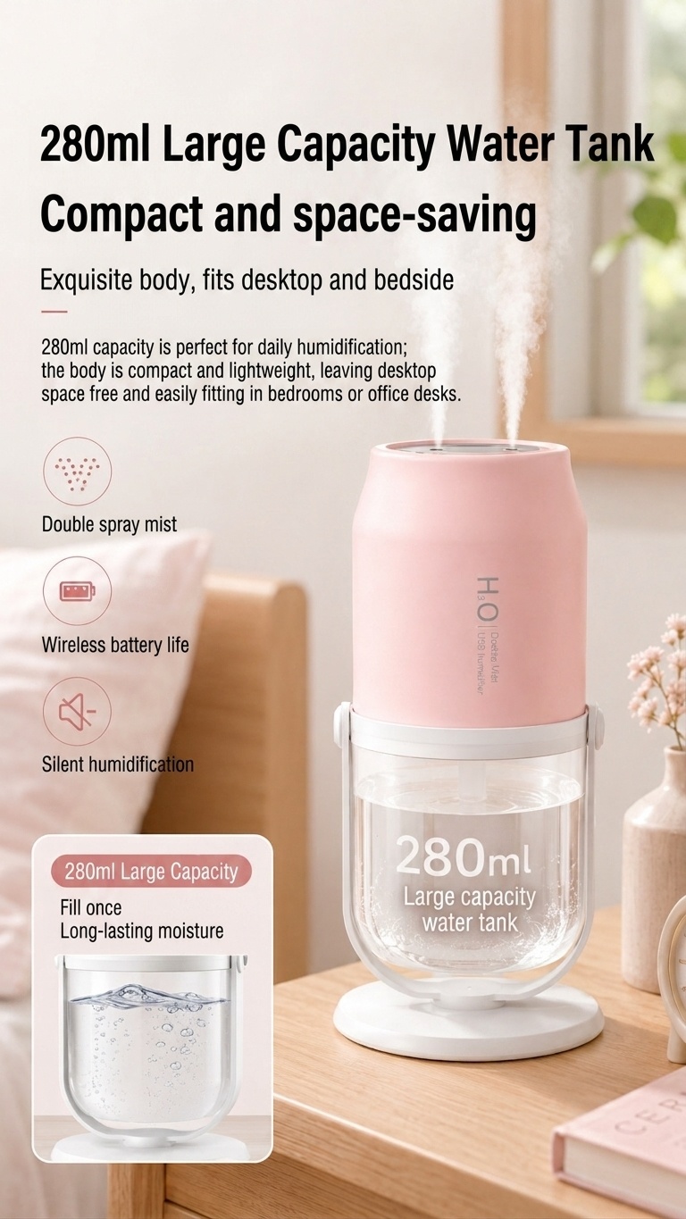 Portable Dual-Mist Wireless Humidifier with 1800mAh Battery & 280ml Tank, White