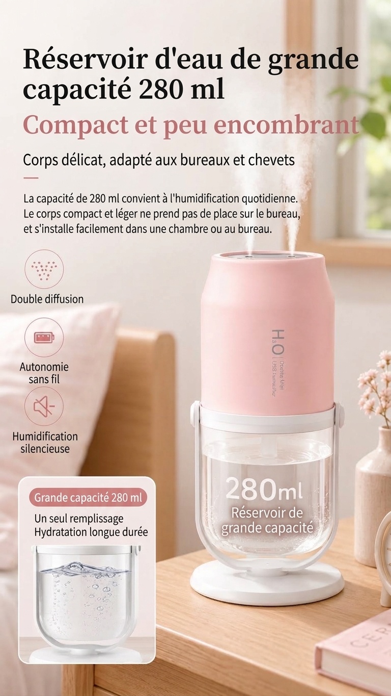 Humidificateur portable sans fil à double brumisation avec batterie de 1800 mAh et réservoir de 280 ml, blanc