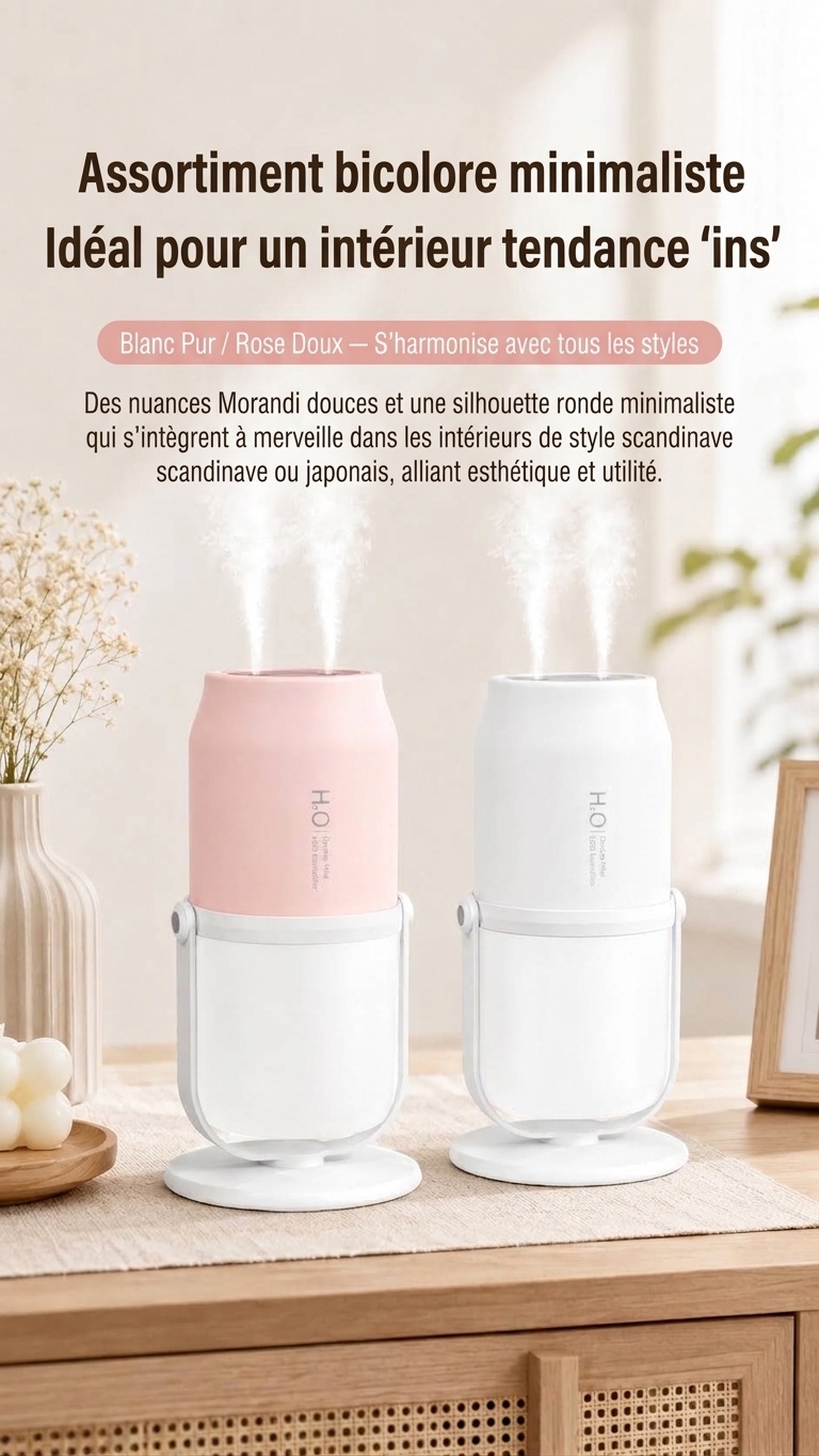 Humidificateur portable sans fil à double brumisation avec batterie de 1800 mAh et réservoir de 280 ml, blanc