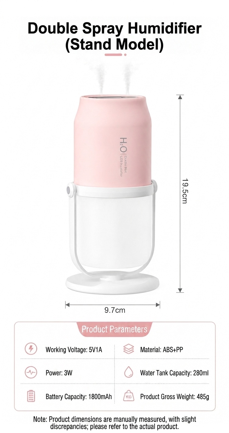 Portable Dual-Mist Wireless Humidifier with 1800mAh Battery & 280ml Tank, White