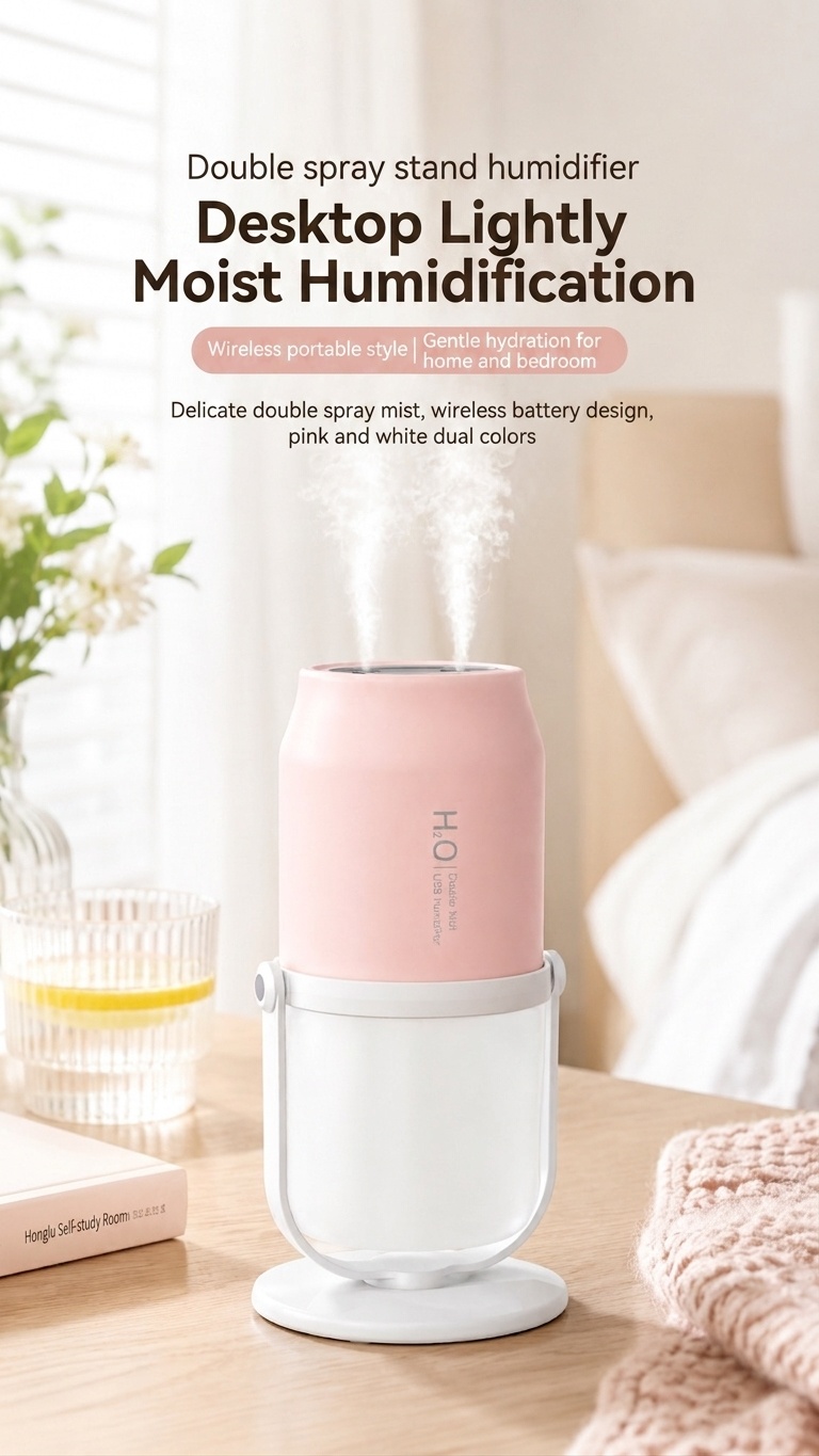 Portable Dual-Mist Wireless Humidifier with 1800mAh Battery & 280ml Tank, White