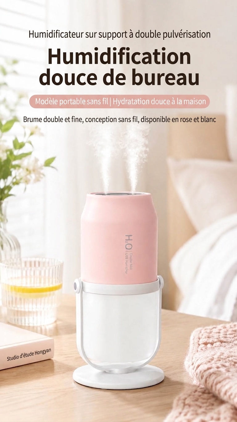 Humidificateur portable sans fil à double brumisation avec batterie de 1800 mAh et réservoir de 280 ml, blanc