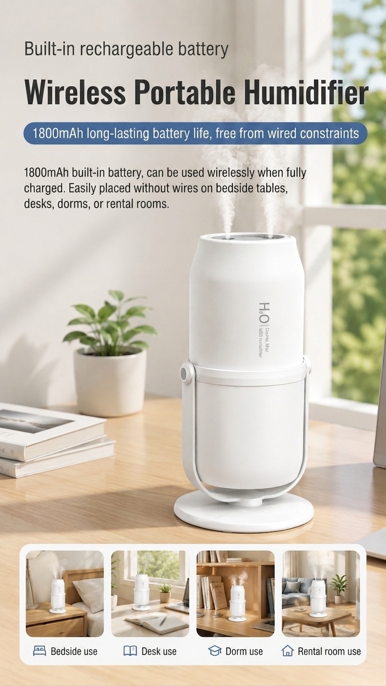 Portable Dual-Mist Wireless Humidifier with 1800mAh Battery & 280ml Tank, White