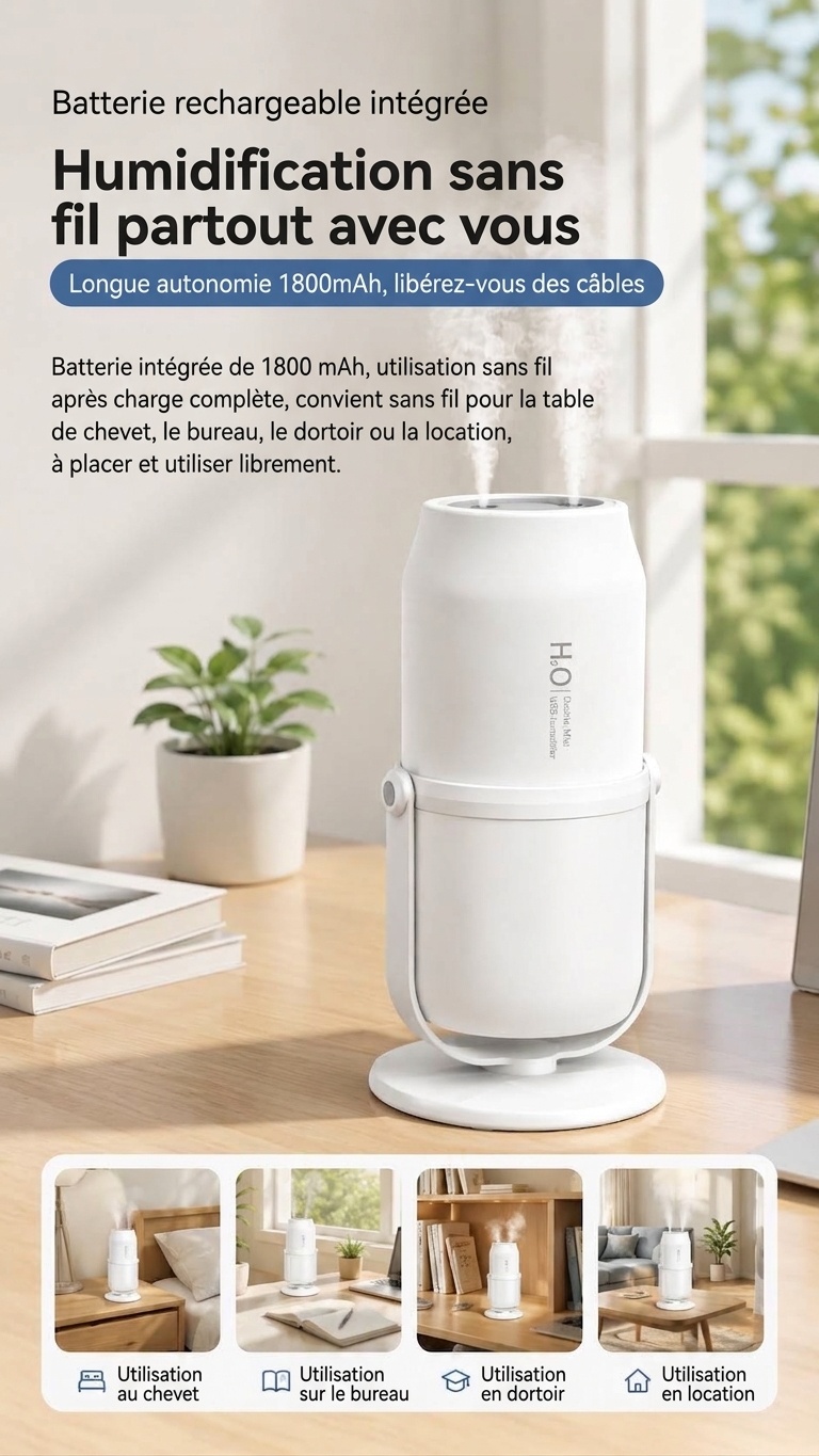 Humidificateur portable sans fil à double brumisation avec batterie de 1800 mAh et réservoir de 280 ml, blanc