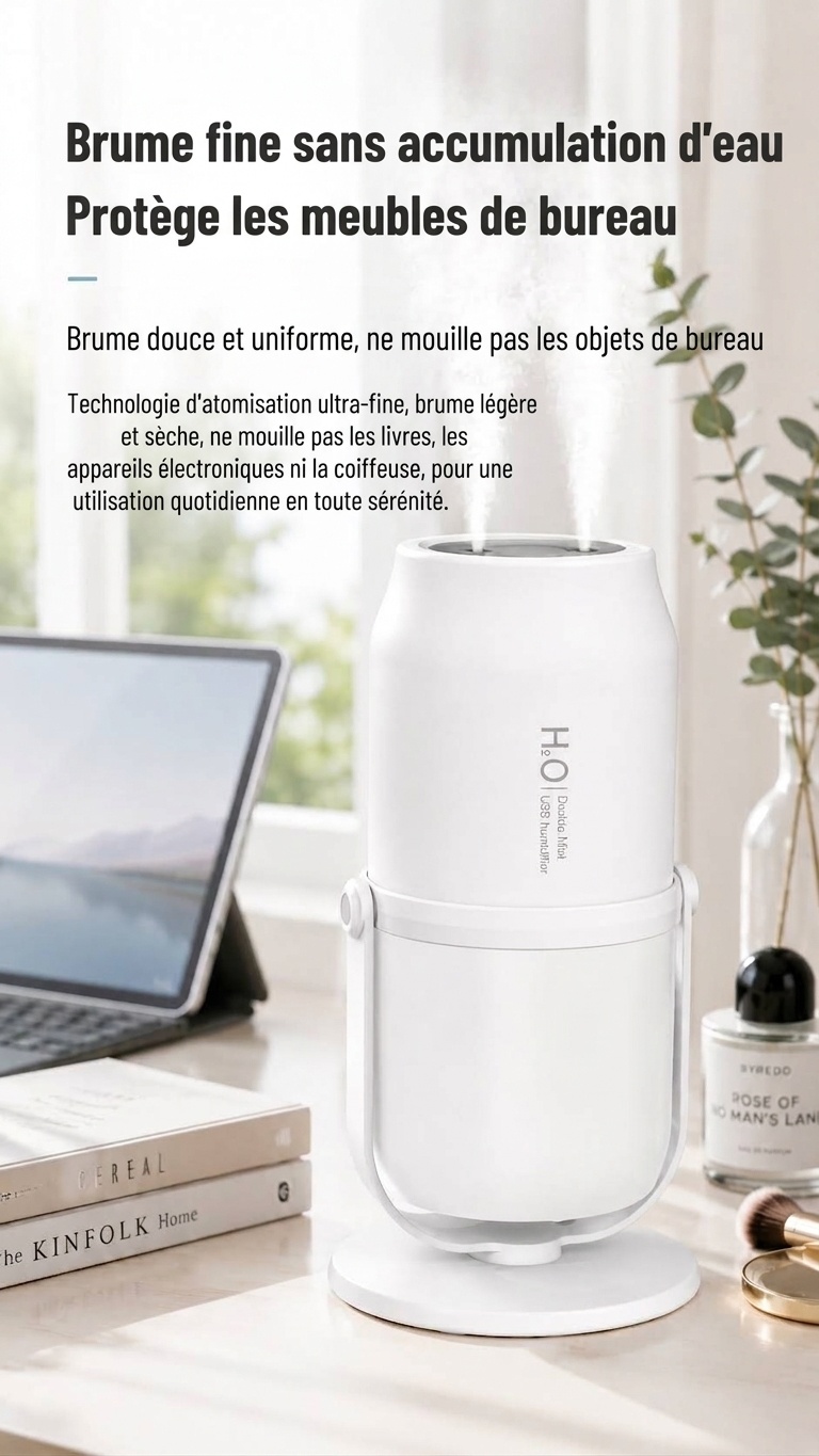 Humidificateur portable sans fil à double brumisation avec batterie de 1800 mAh et réservoir de 280 ml, blanc