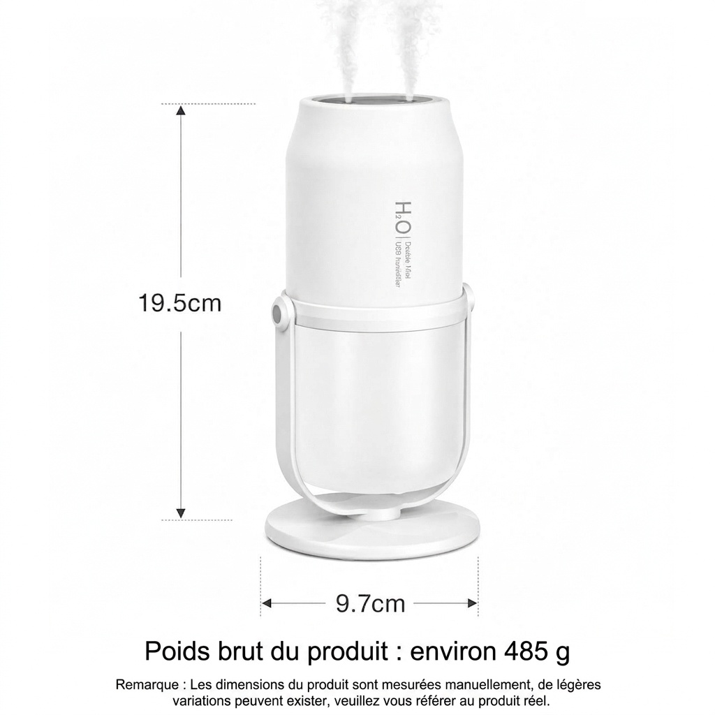 Humidificateur portable sans fil à double brumisation avec batterie de 1800 mAh et réservoir de 280 ml, blanc