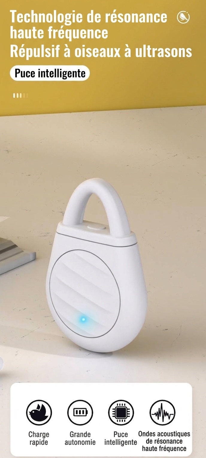 Répulsif anti-nuisibles ultrasonique portable avec batterie 90 mAh et sans produits chimiques, blanc/jaune/noir