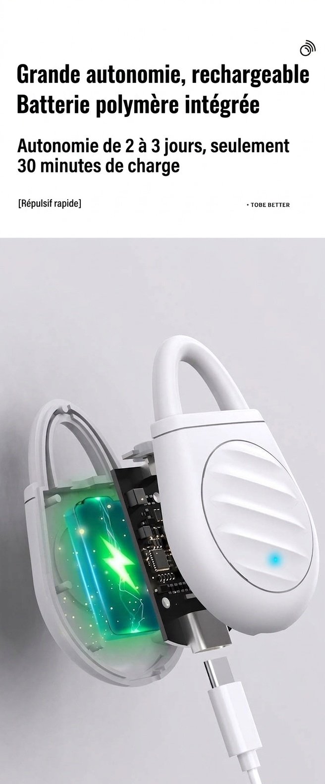 Répulsif anti-nuisibles ultrasonique portable avec batterie 90 mAh et sans produits chimiques, blanc/jaune/noir