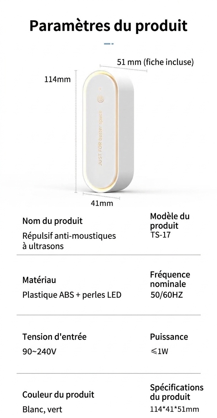 Veilleuse anti-moustiques ultrasonique silencieuse avec diffuseur d'huiles essentielles, blanc/vert