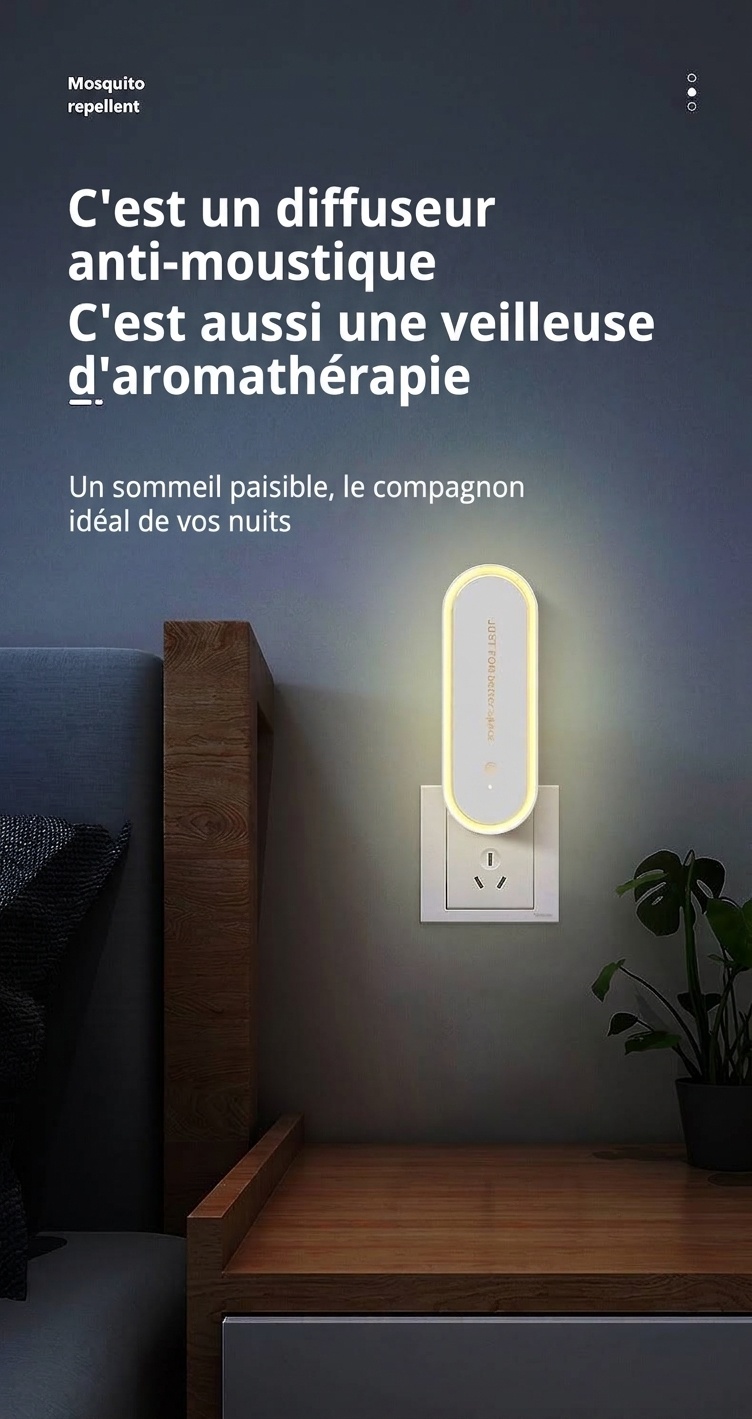 Veilleuse anti-moustiques ultrasonique silencieuse avec diffuseur d'huiles essentielles, blanc/vert