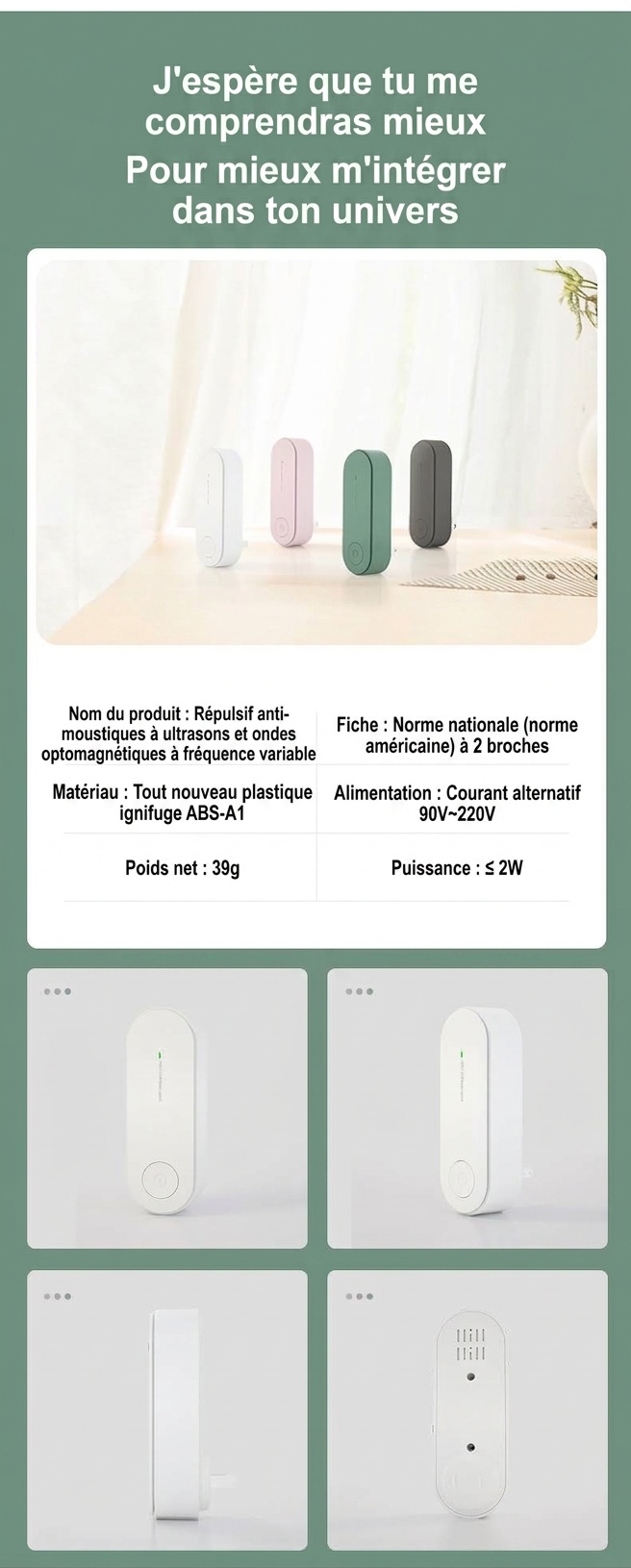 Répulsif anti-nuisibles ultrasonique silencieux avec protection à 360 degrés, blanc/rose/vert/noir
