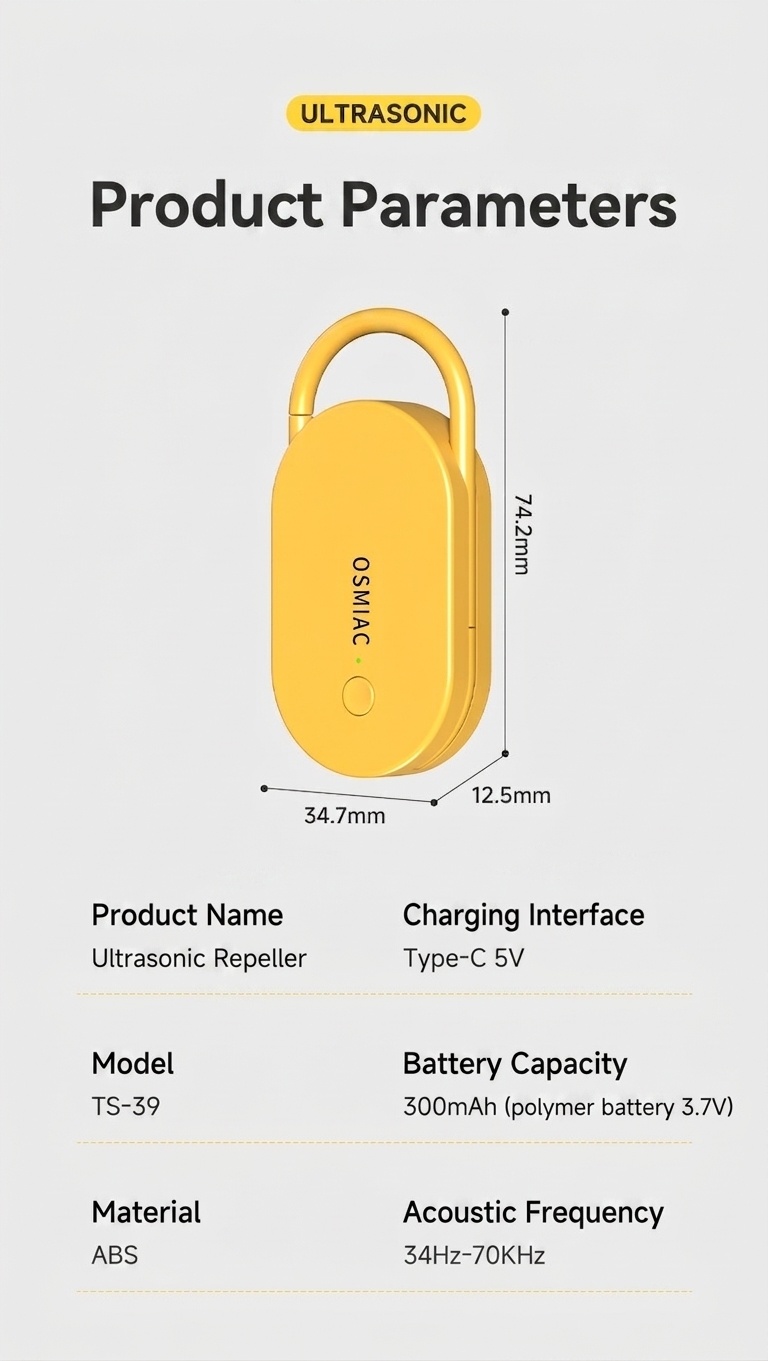 Portable Ultrasonic Pest Repeller with 300mAh Battery & Multi-Frequency, Yellow