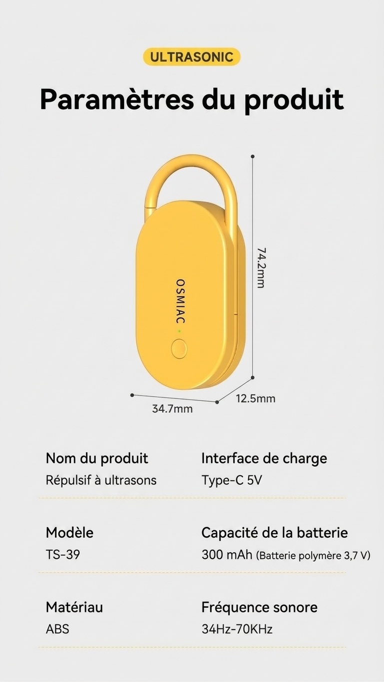Répulsif anti-nuisibles à ultrasons portable avec batterie 300 mAh et multifréquence, jaune