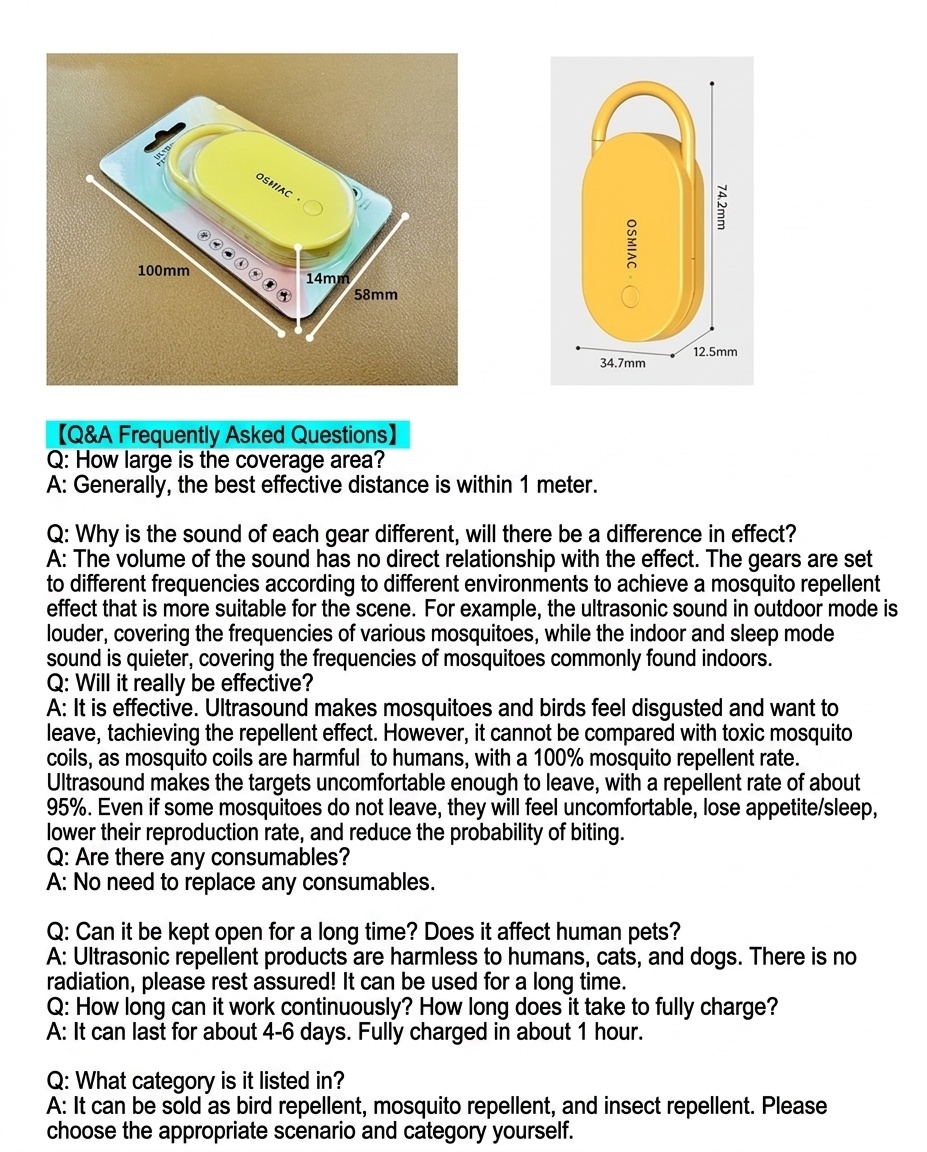 Portable Ultrasonic Pest Repeller with 300mAh Battery & Multi-Frequency, Yellow