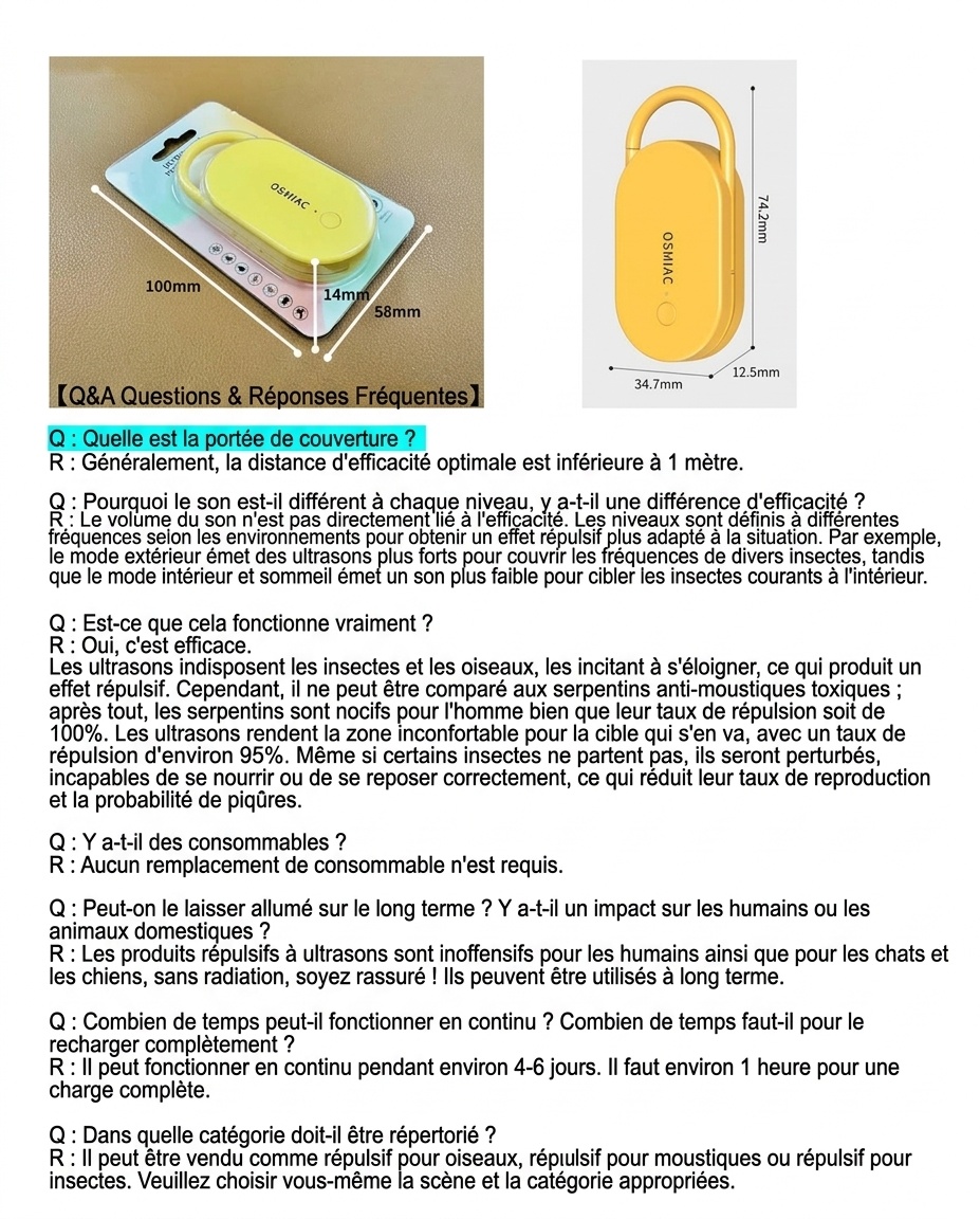 Répulsif anti-nuisibles à ultrasons portable avec batterie 300 mAh et multifréquence, jaune