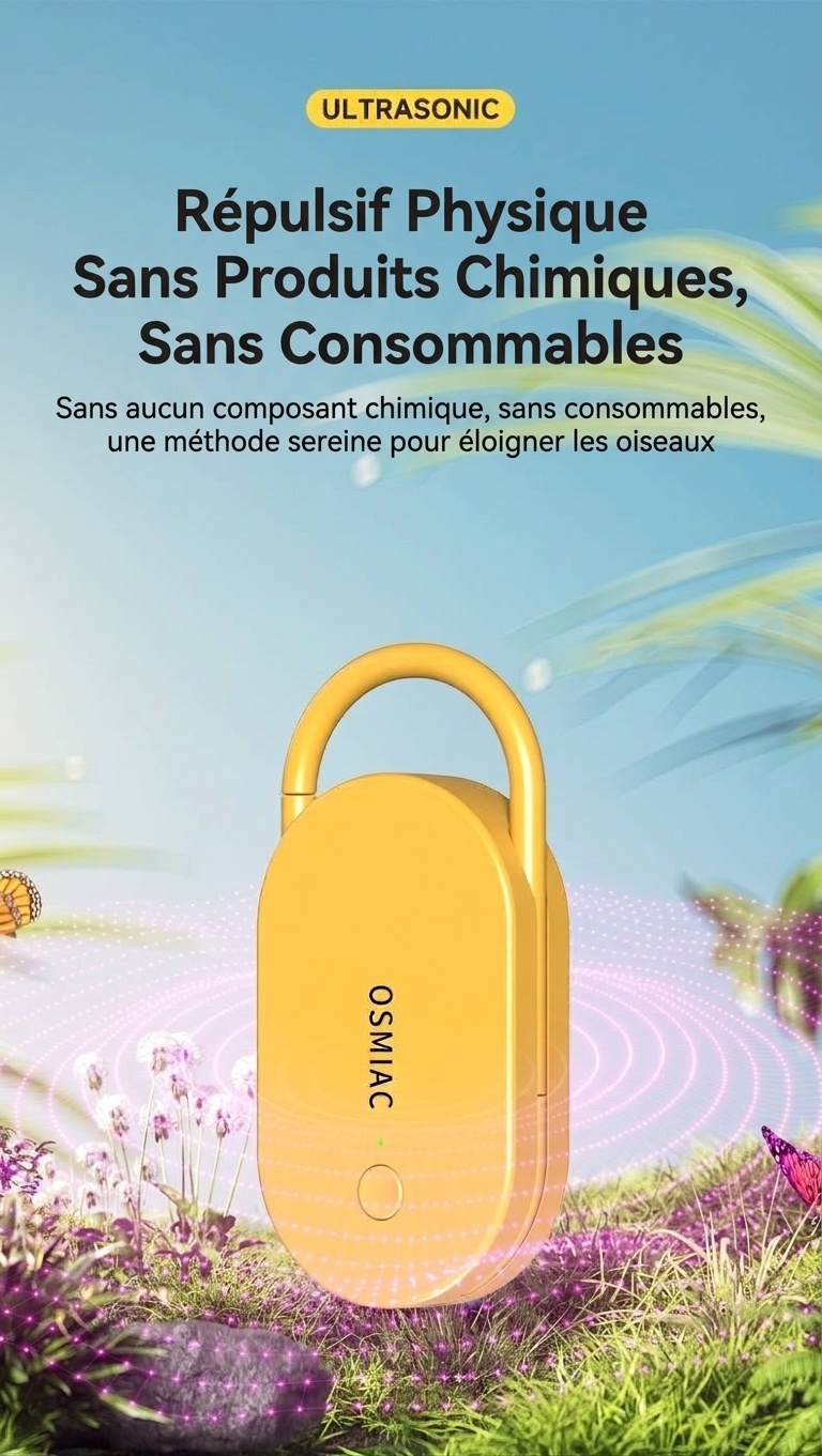 Répulsif anti-nuisibles à ultrasons portable avec batterie 300 mAh et multifréquence, jaune