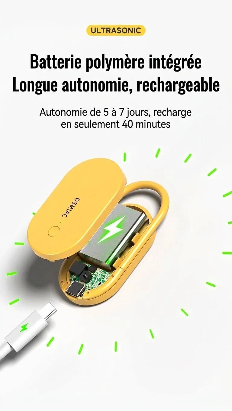 Répulsif anti-nuisibles à ultrasons portable avec batterie 300 mAh et multifréquence, jaune