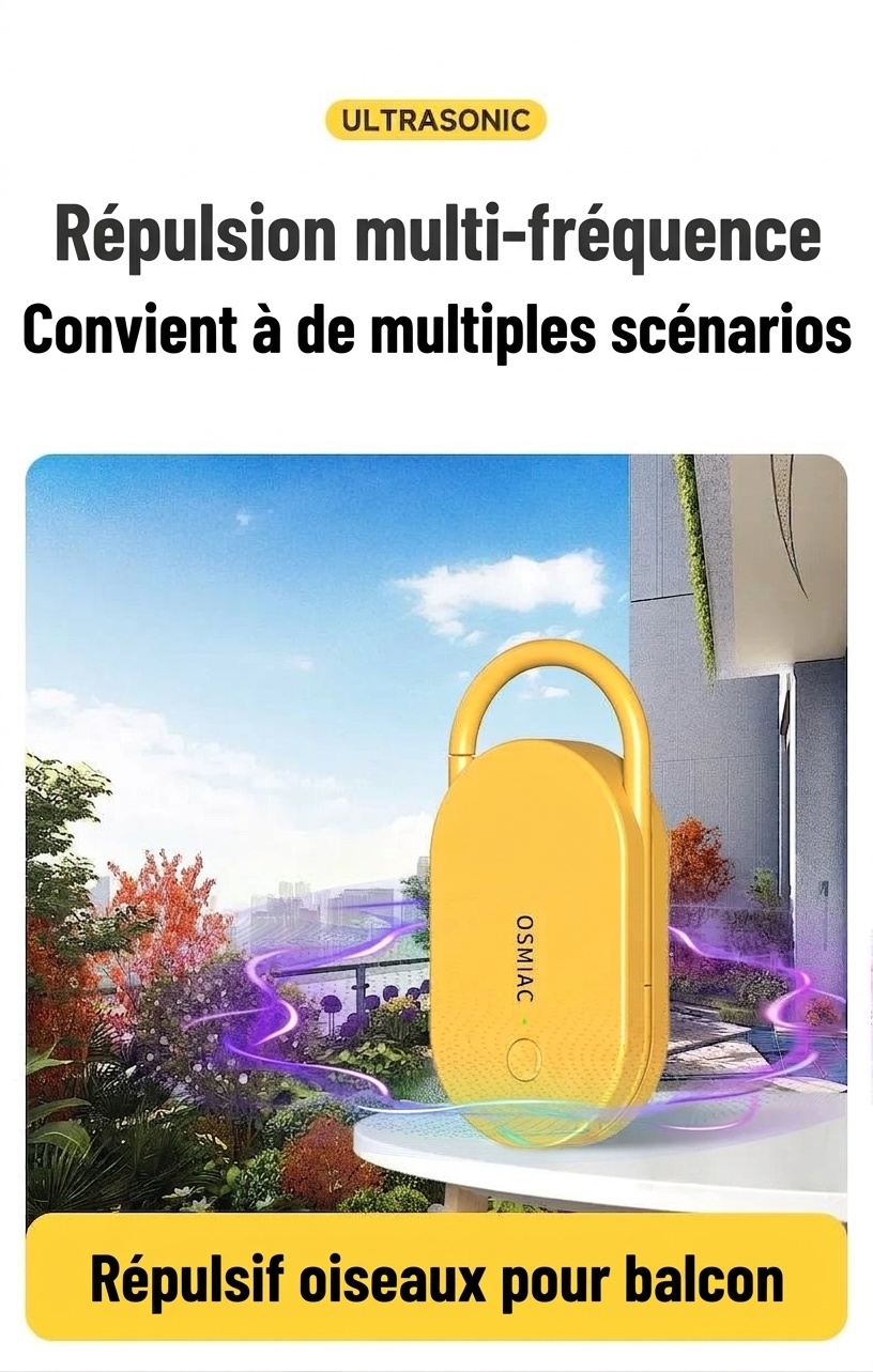 Répulsif anti-nuisibles à ultrasons portable avec batterie 300 mAh et multifréquence, jaune