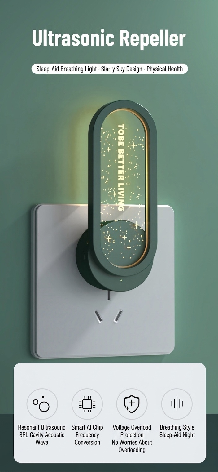 Non-Radiative Ultrasonic Pest Repeller with Starry Night Light & Sleep Aid, White/Green