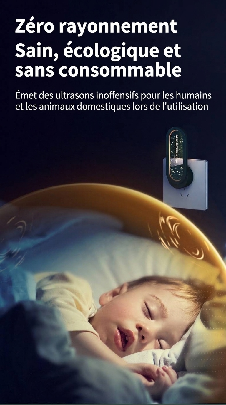 Répulsif anti-insectes à ultrasons non radiatif avec veilleuse étoilée et aide au sommeil, blanc/vert