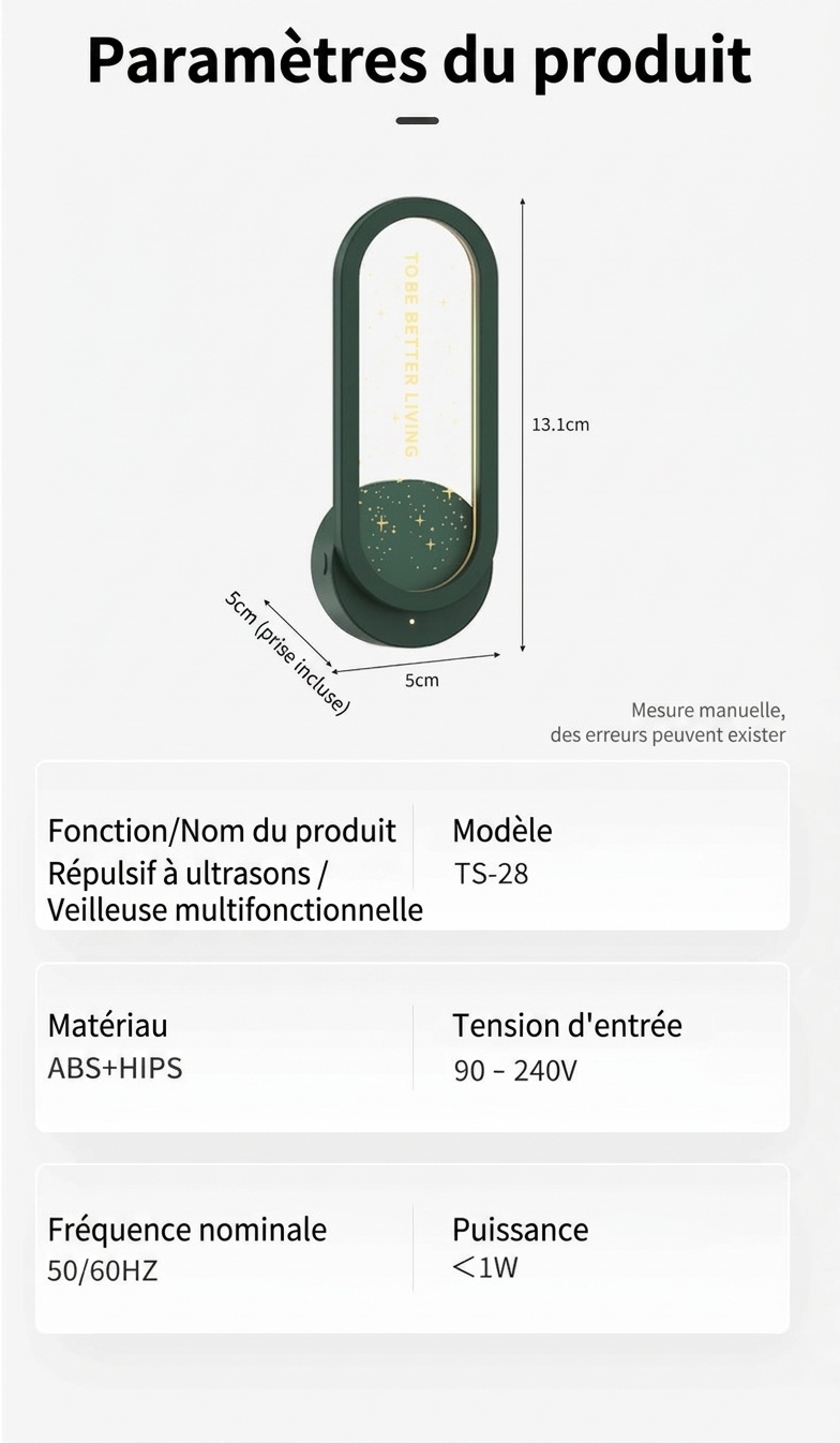 Répulsif anti-insectes à ultrasons non radiatif avec veilleuse étoilée et aide au sommeil, blanc/vert