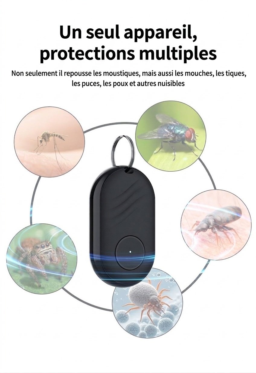 Répulsif anti-insectes ultrasonique portable intelligent à intelligence artificielle avec chargement USB-C, blanc/noir