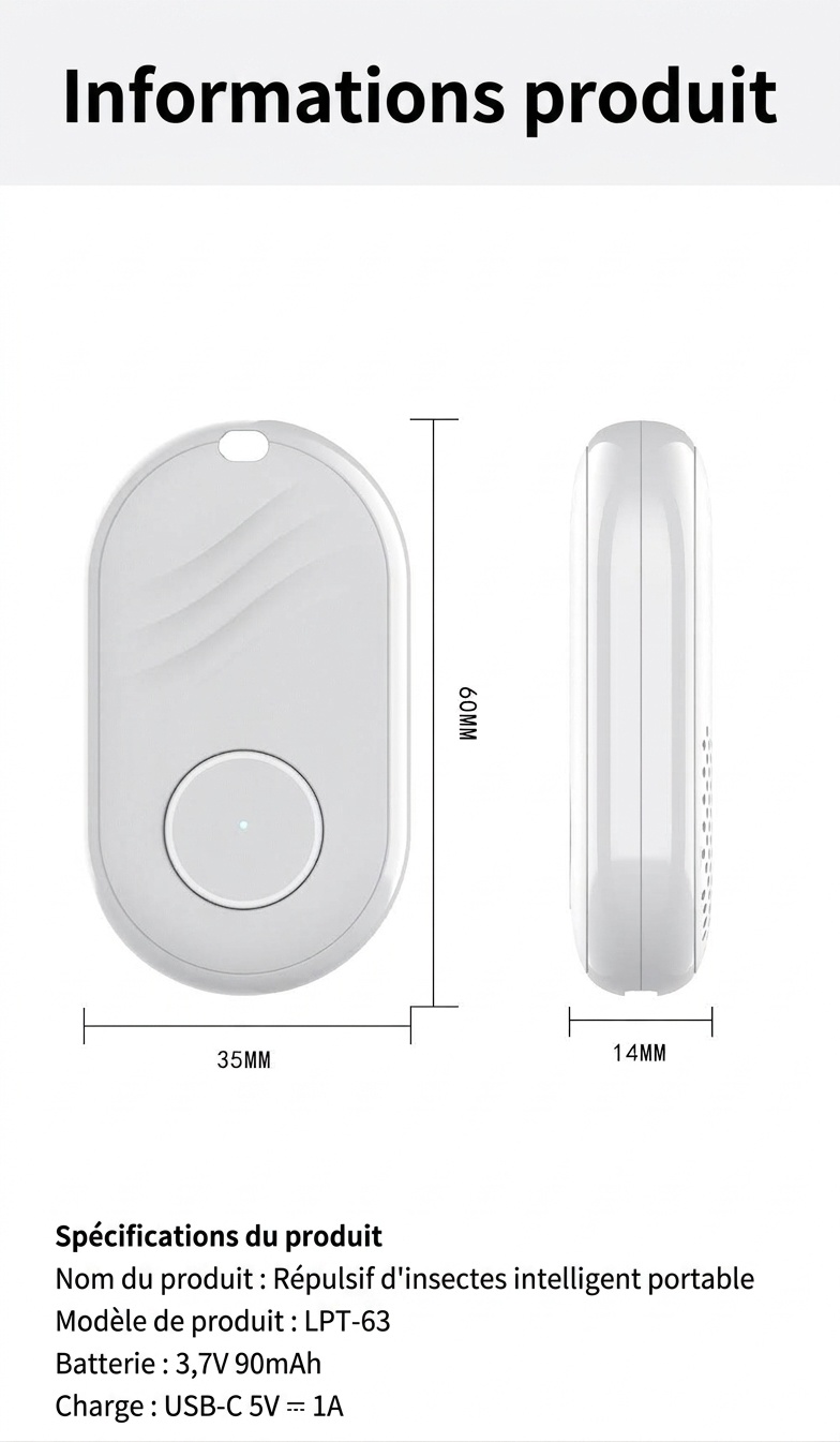 Répulsif anti-insectes ultrasonique portable intelligent à intelligence artificielle avec chargement USB-C, blanc/noir