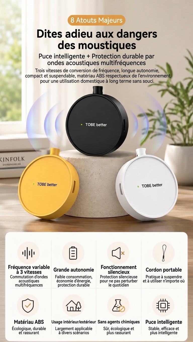 Répulsif anti-insectes à ultrasons portable avec batterie 300 mAh et plusieurs modes, blanc/rose/jaune/noir
