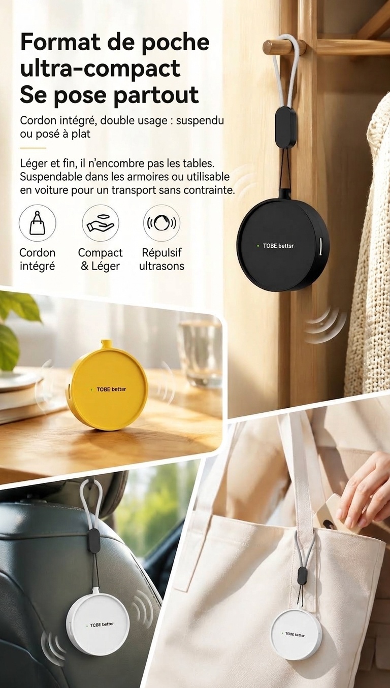 Répulsif anti-insectes à ultrasons portable avec batterie 300 mAh et plusieurs modes, blanc/rose/jaune/noir