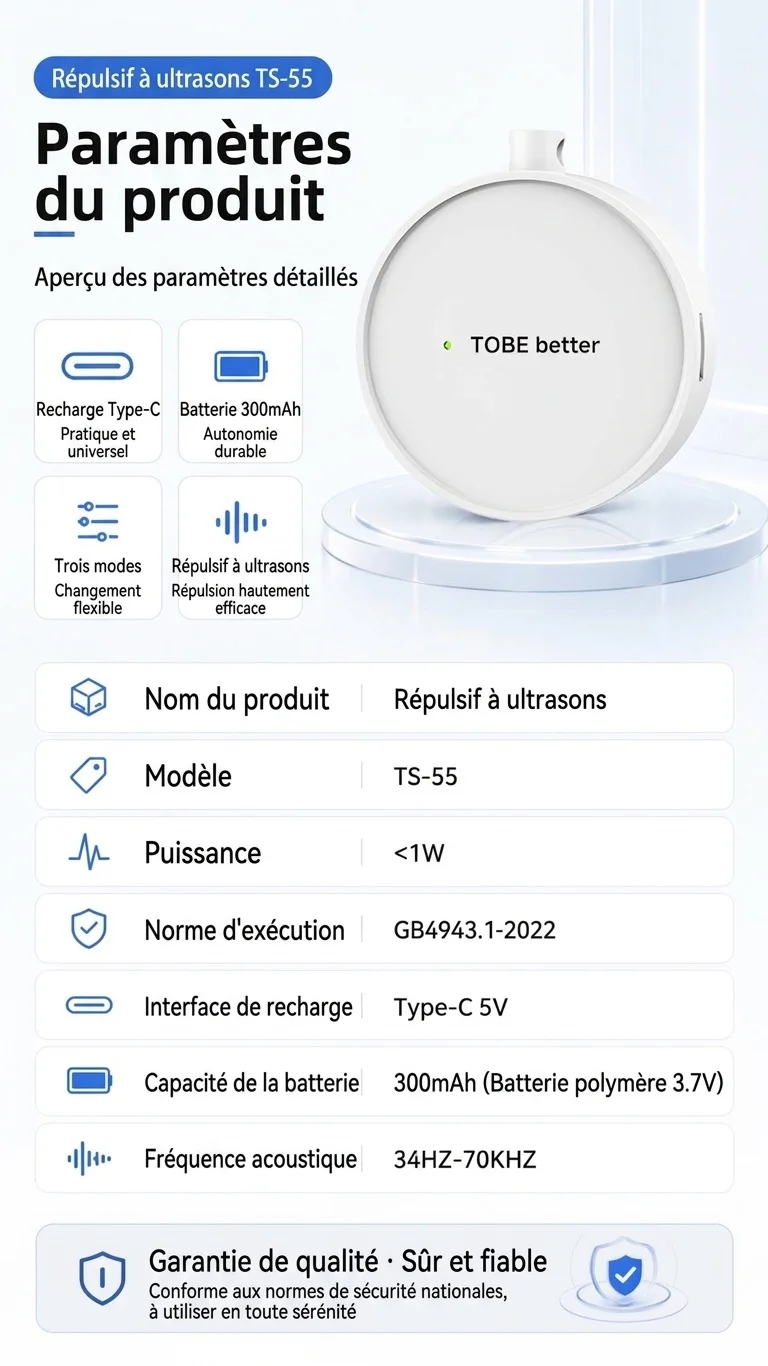 Répulsif anti-insectes à ultrasons portable avec batterie 300 mAh et plusieurs modes, blanc/rose/jaune/noir