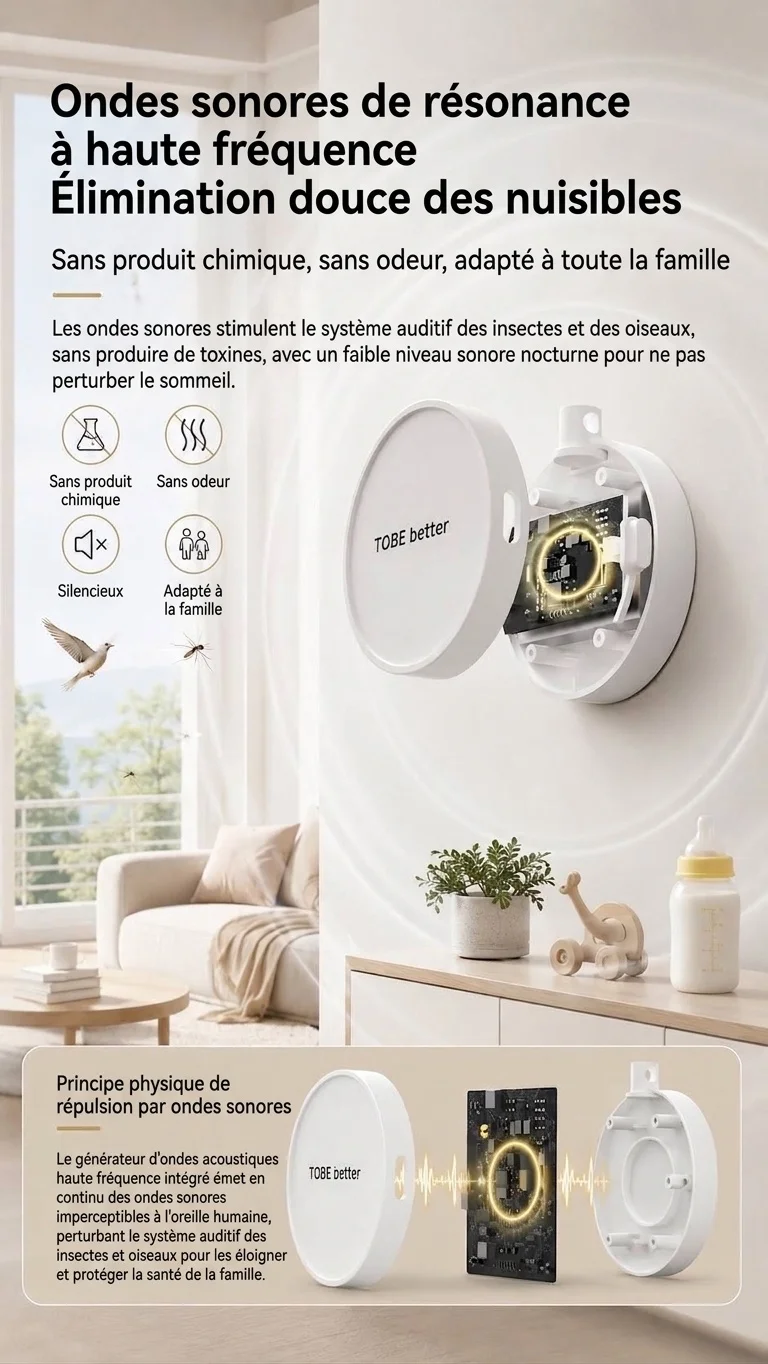 Répulsif anti-insectes à ultrasons portable avec batterie 300 mAh et plusieurs modes, blanc/rose/jaune/noir