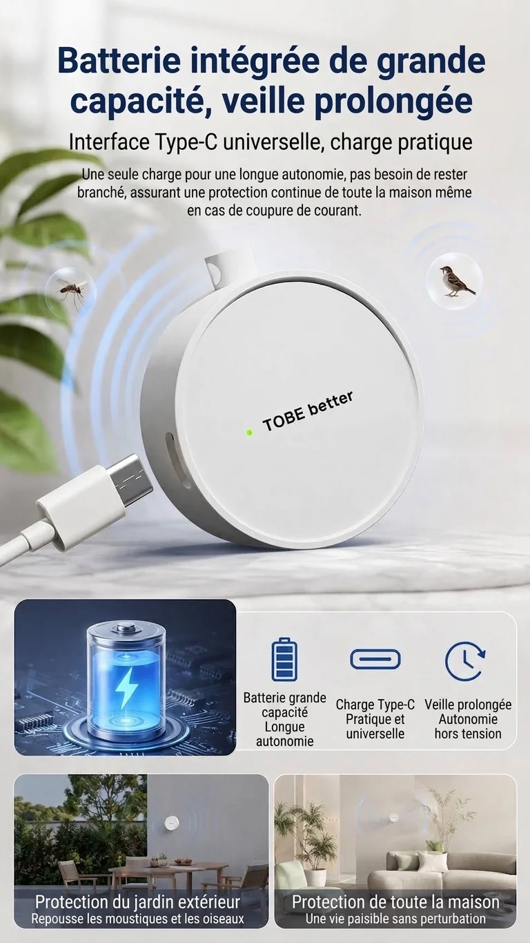 Répulsif anti-insectes à ultrasons portable avec batterie 300 mAh et plusieurs modes, blanc/rose/jaune/noir