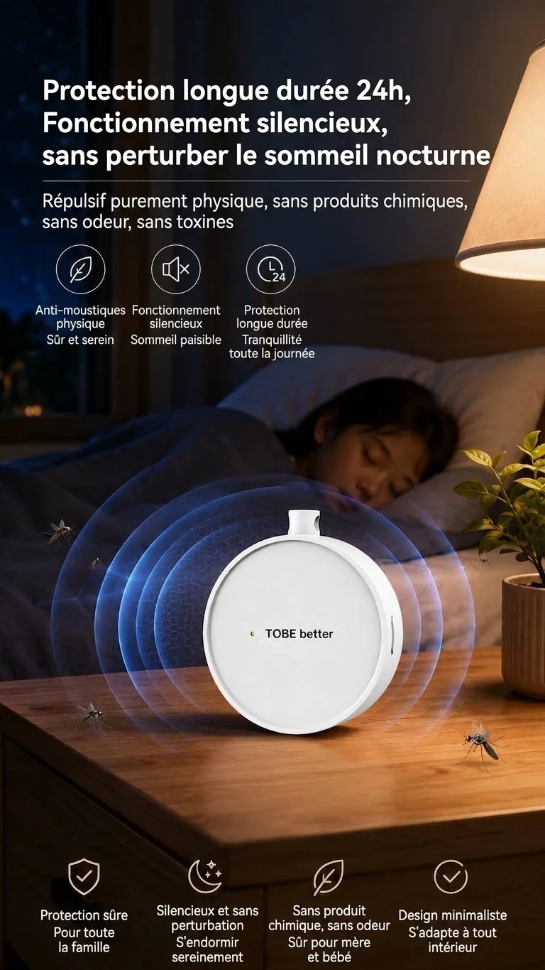 Répulsif anti-insectes à ultrasons portable avec batterie 300 mAh et plusieurs modes, blanc/rose/jaune/noir