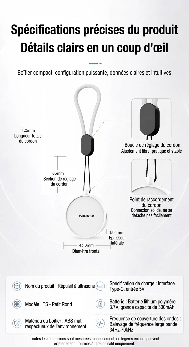 Répulsif anti-insectes à ultrasons portable avec batterie 300 mAh et plusieurs modes, blanc/rose/jaune/noir