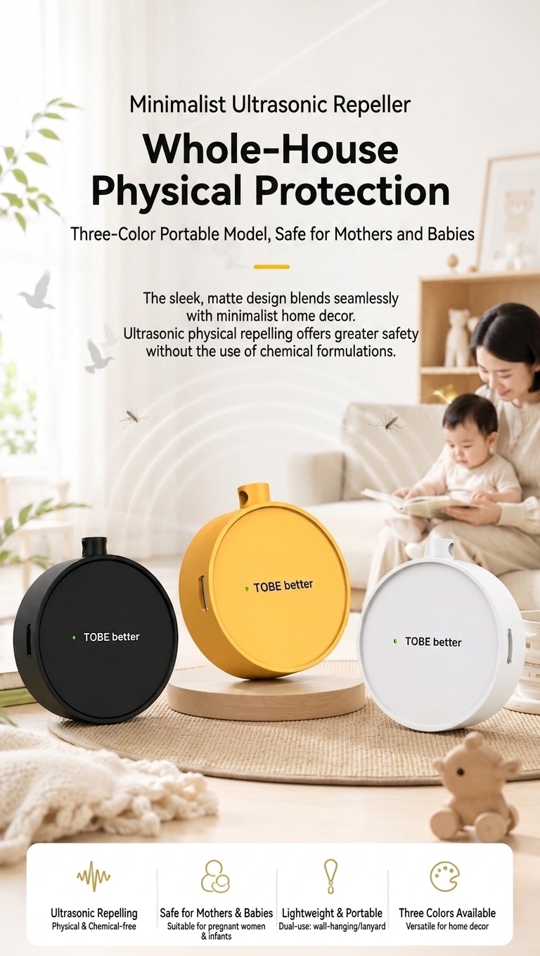 Portable Ultrasonic Pest Repeller with 300mAh Battery & Multi-Mode, White/Pink/Yellow/Black